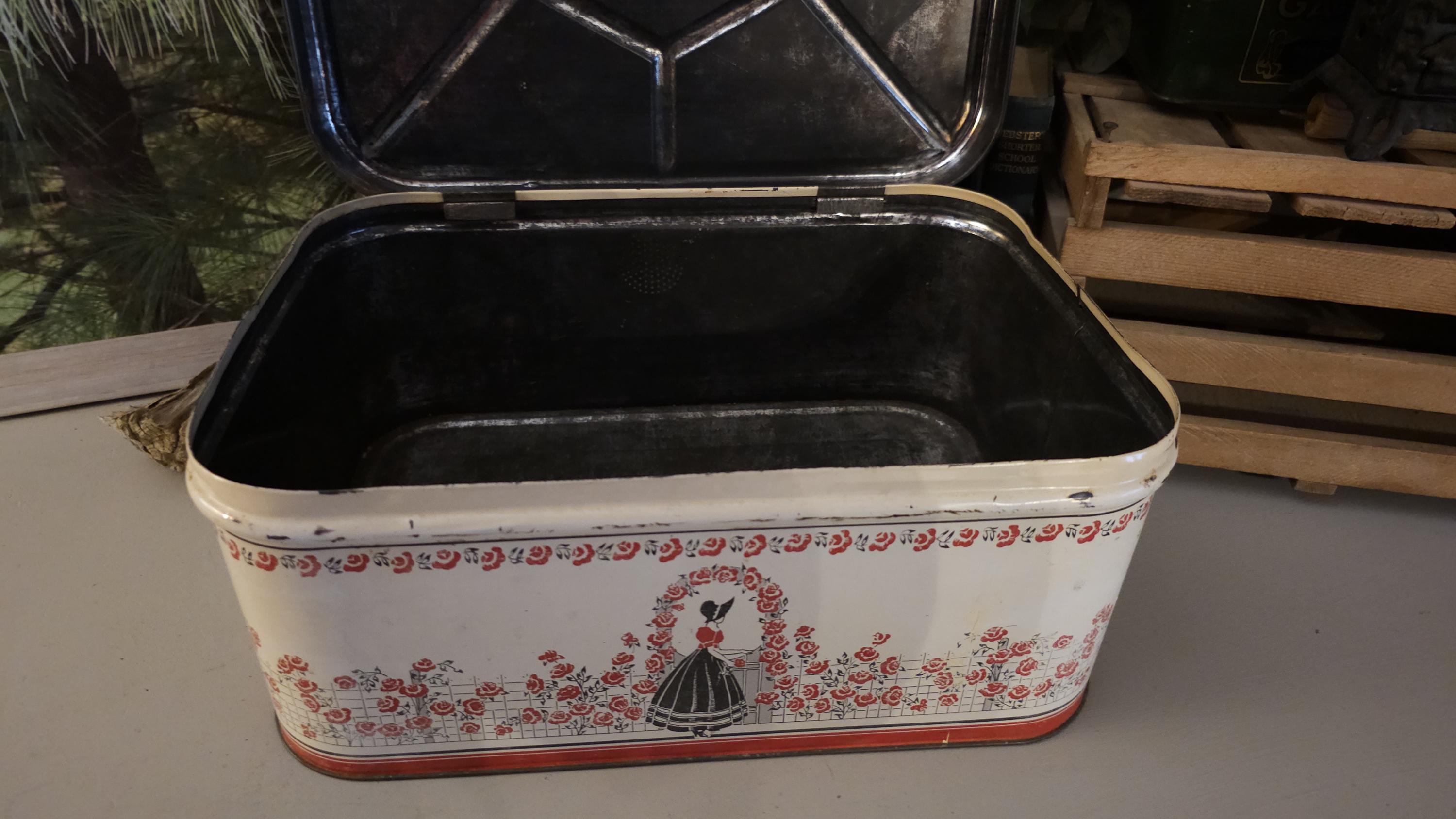 Red, Black & Cream Metal Bread Box Hinged Lid Victorian Lady on
