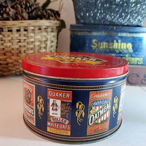 1985 Pure Quaker Oats Round Tin Commemorative Limited Edition / Vintage Oats Tin Retro Kitchen Decor #1547