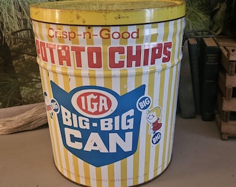 ヴィンテージIGAポテトチップ缶：クリスプ・アンド・グッド広告缶 