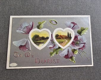 Embossed Antique Valentine Postcard: Purple Flowers & Hearts, 'To My Dearest'