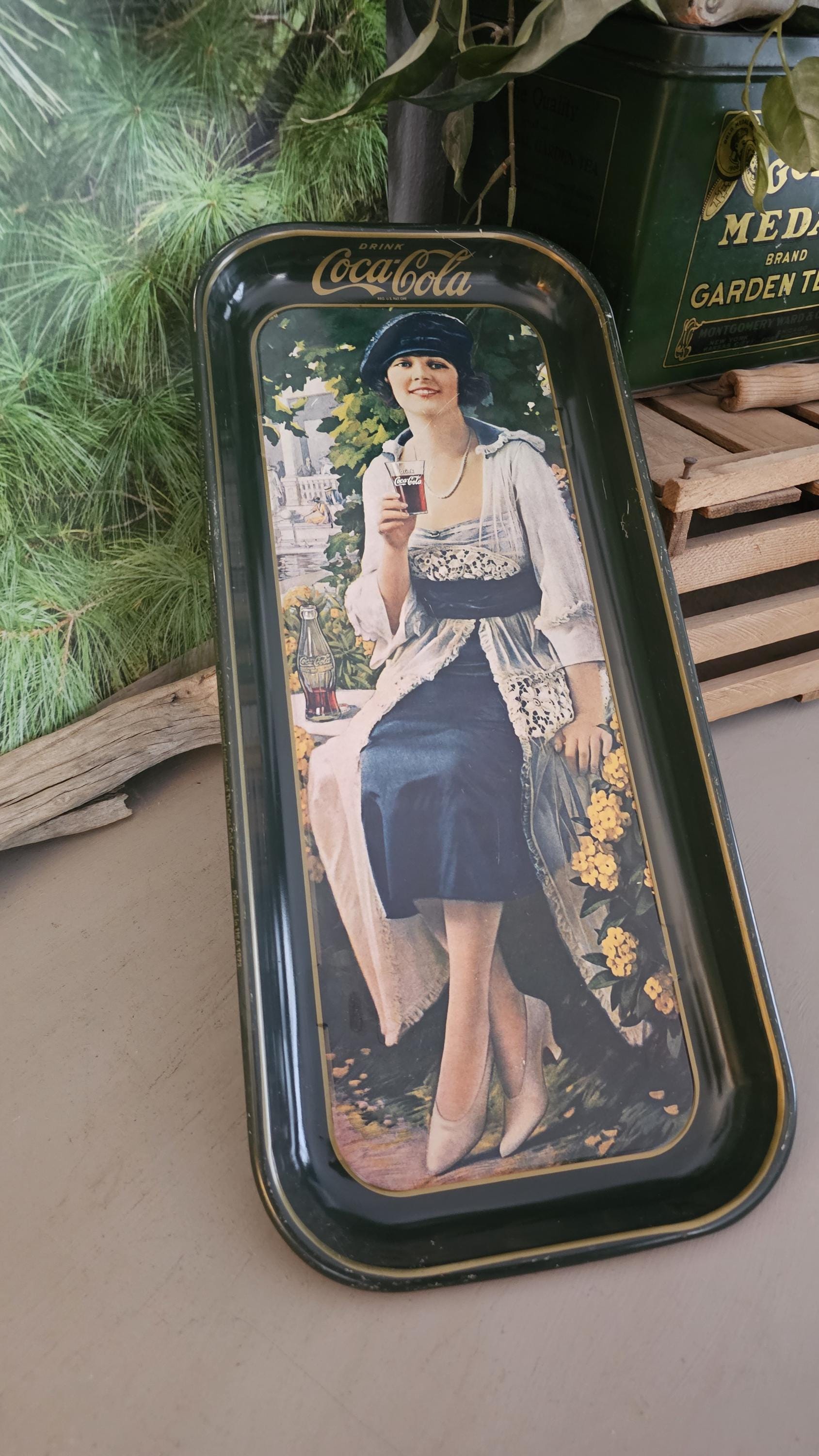 Vintage 1970s Coca Cola Tray: Lady in Garden Advertising