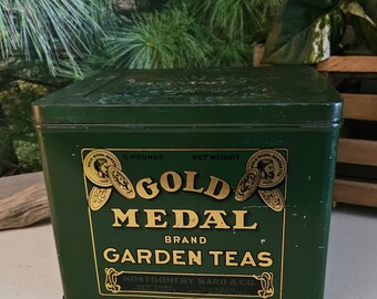 1930s Gold Medal Green 5 Lb Tea Tin Montgomery Ward & Company