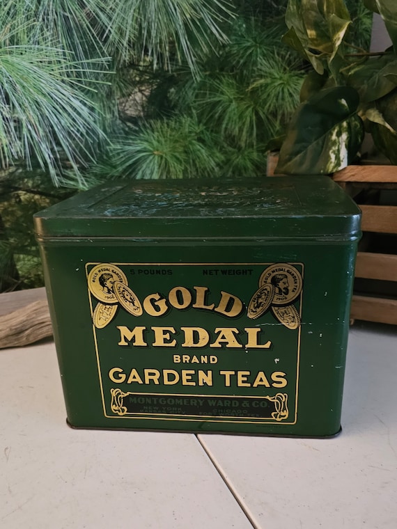1930s Gold Medal Green 5 Lb Tea Tin Montgomery Ward & Company