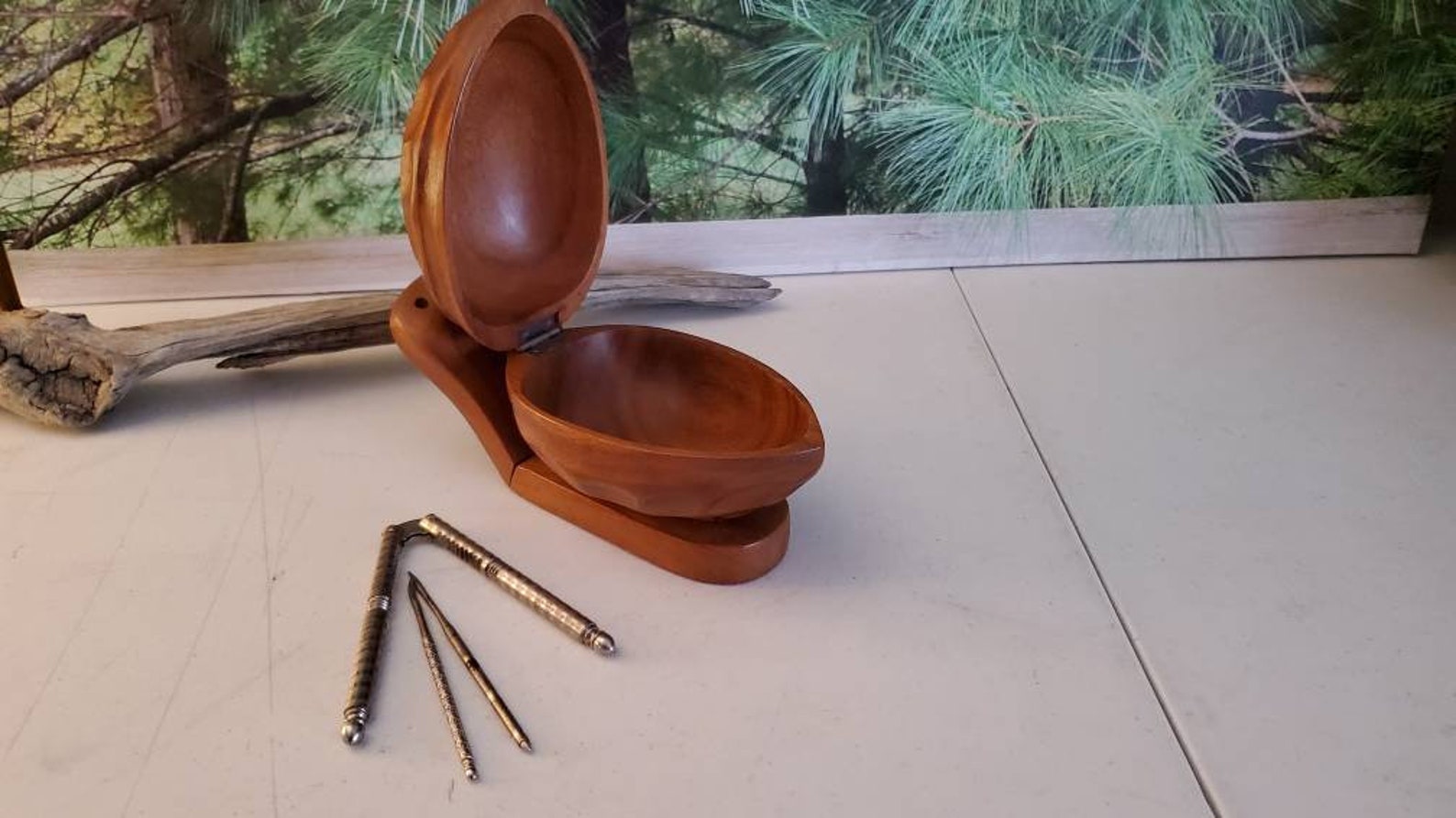 Wood Walnut Shaped Nut Bowl Hinged Lid With Nutcracker & 2 Etsy