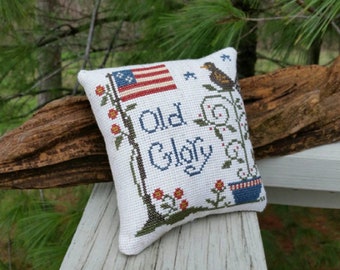 Americana Flag, Crow & Flowers Pillow Cross Stitch Primitive Americana Home Decor Bowl Filler Shelf Sitter  Made to Order