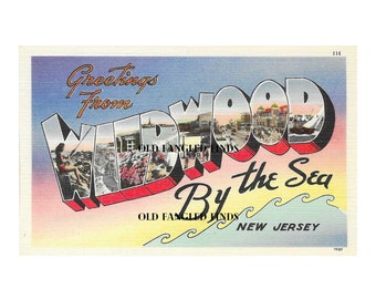 Digital Download Big Letters Greetings From WILDWOOD By The Sea New Jersey Linen Postcard / Digital Postcard Art