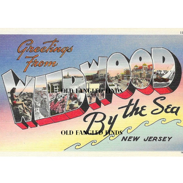 Digital Download Big Letters Greetings From WILDWOOD By The Sea New Jersey Linen Postcard / Digital Postcard Art