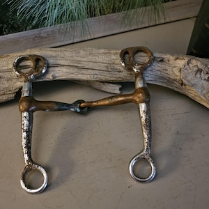 May include: A pair of silver and brown metal horse bits, with a worn, rustic look, resting on a piece of driftwood.