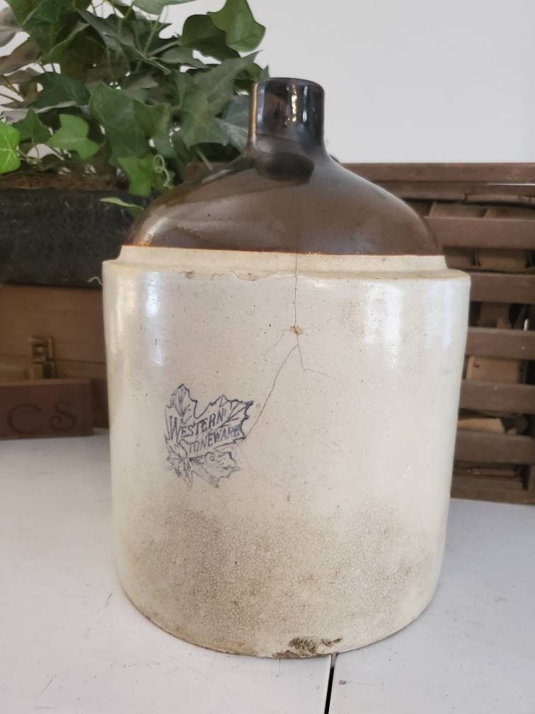 Vintage Brown Stoneware Crock Jug, Primitive Country Farmhouse Decor