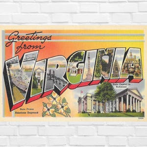 Carte postale en lin de la Virginie des années 1930 en téléchargement numérique, Tichnor Bros, 5,5 pouces X 3,5 pouces