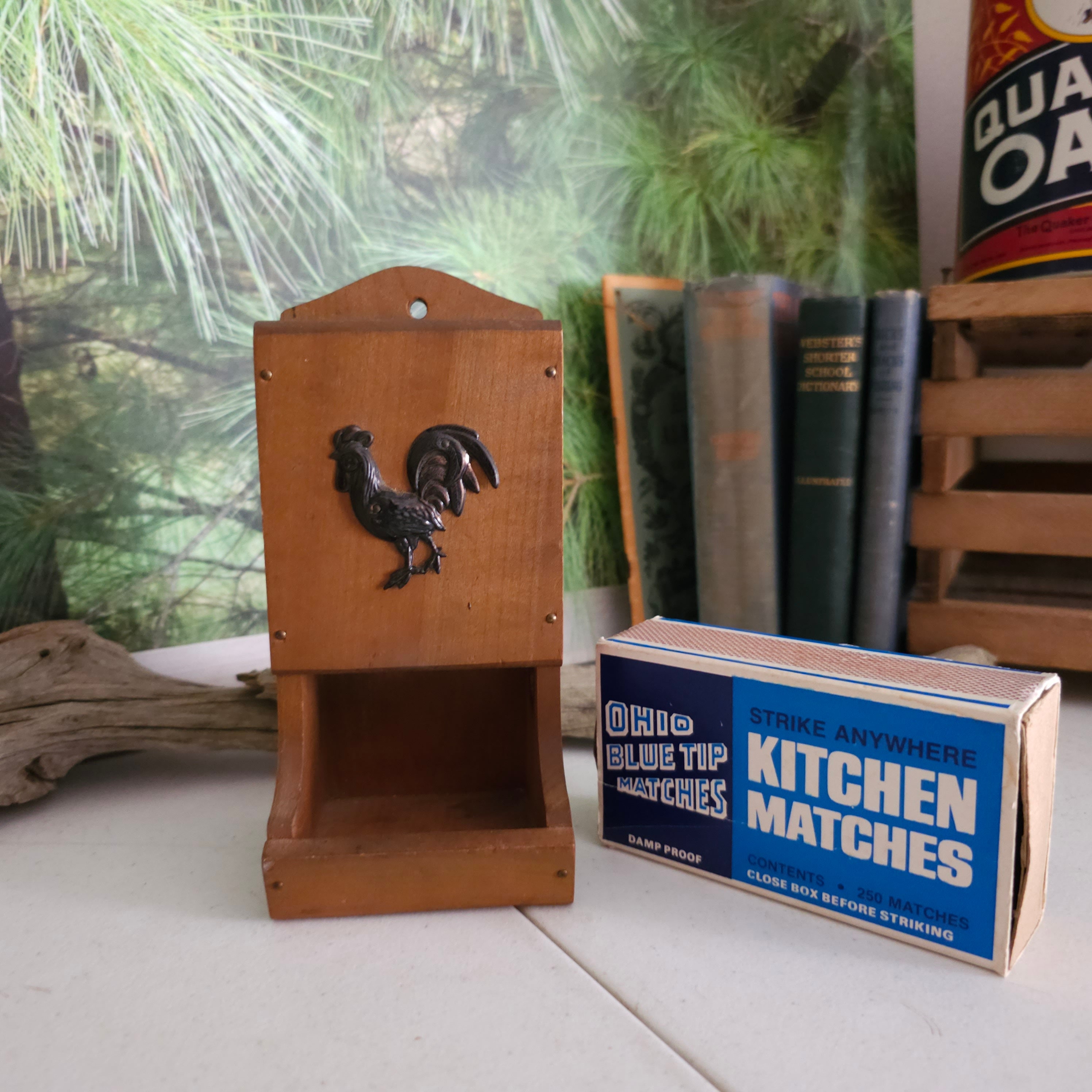 V G JAPAN Wood Matchbox Holder Handcrafted With Copper Rooster