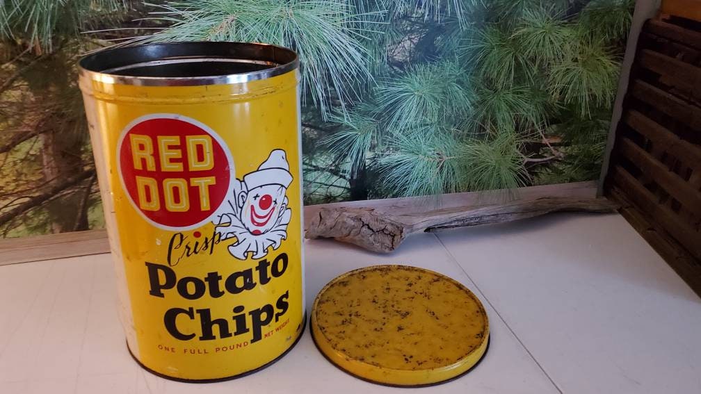 1950s Red Dot Potato Chip Tin Vintage Empty Yellow, Red, White