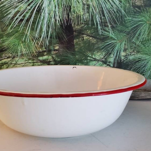 White & Red Enamelware Bowl 12 Inches Diameter Rustic Farmhouse Decor Enamel Pot #2623