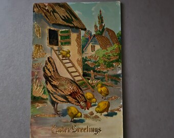 Unused Easter Greetings Postcard with Hen, Chicks & Barn Printed In Germany Antique Easter Postcard Collectible Ephemera Gift For Her
