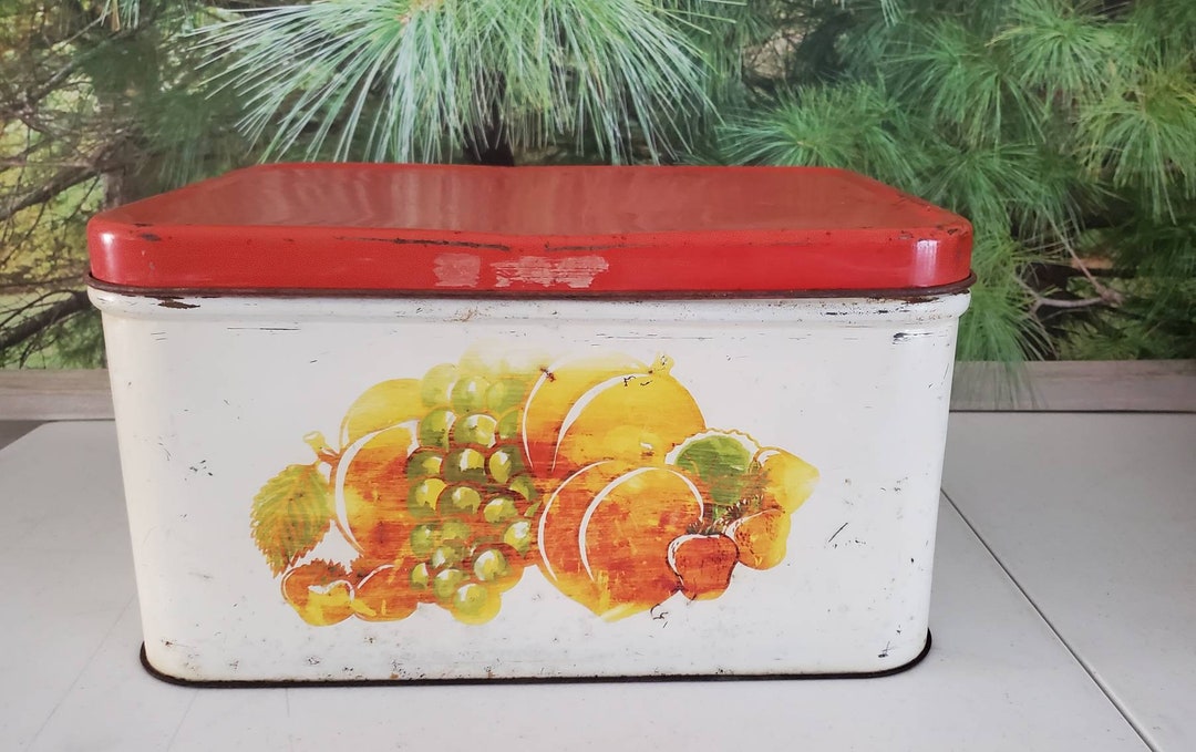 1950s Metal Bread Box Red Hinged Lid With Orange & Green Fruit