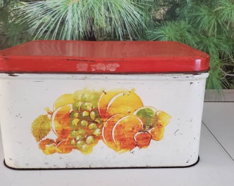 Vintage 1950s Decoware Bread Box: Red Lid, Fruit Motif, MCM