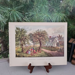 1952 &quot;American Homestead Autumn&quot; Lithograph Currier & Ives Original Bookplate Vintage Frameable Wall Art Double Sided