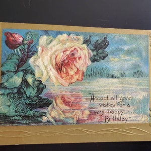 Antique Unused Birthday Postcard Pink Rose & Lake Scene Vintage Embossed Postcard Paper Ephemera