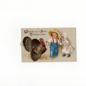 Descarga digital Postal antigua de Ellen Clapsaddle que le desea un feliz Día de Acción de Gracias con pavo y niños / Postal digital