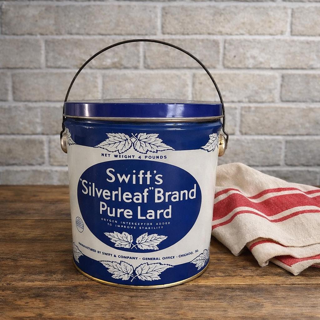 スラブ　PURE LARD Vintage Swift's Silverleaf Lard Pail: Blue Maple Leaf Farmhouse