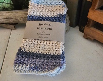 Set of 3 Crochet All Cotton Dishcloths Multi Color Dark Blue, Light Blue, Off White Housewarming Present 100%