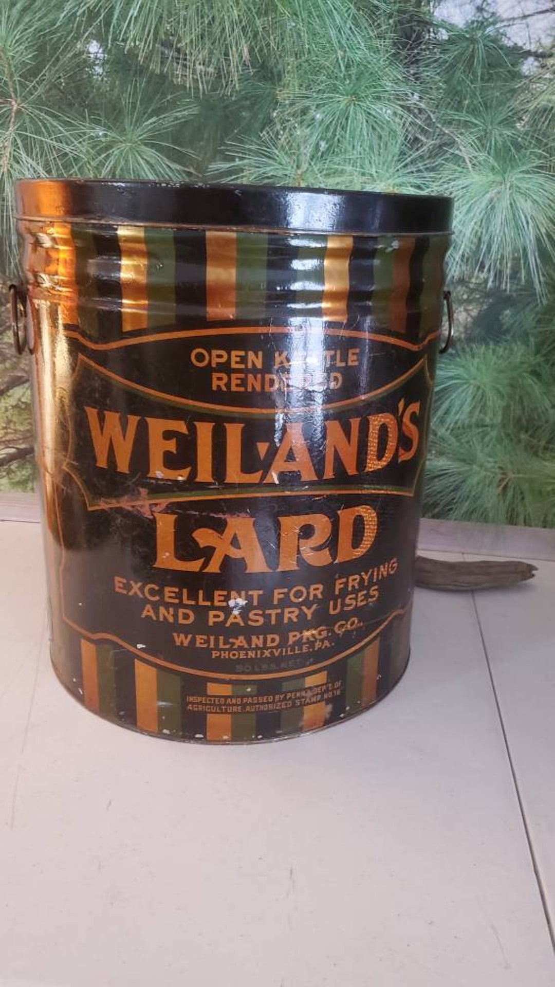 Weiland's Lard Can Open Kettle Rendered 50 LBS With Lid & Loop Handles Black Gold Stripes
