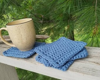 Set of 4 Steel Blue Cotton/Nylon Crochet Coasters / Handmade Home Accessory