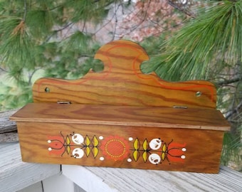 Pennsylvania Dutch Motif Candle Holder, Wood Candle Box, Home Made Wall Box Rustic Primitive Home Decor