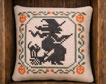 Completed Cross Stitch Witch Prairie Schooler Halloween Decor