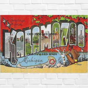 Digitaler Download Grüße von KALAMAZOO MICHIGAN Leinen Postkarte 14,5 Zoll X 3,5 Zoll Art Deco Handwerk Versorgung Scrapbooking
