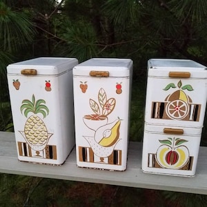 Stackable Ransburg White Canisters Set of 4 With Fruit Motif