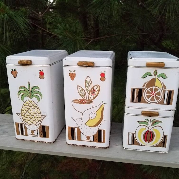 Stackable Ransburg White Canisters Set of 4 with Fruit Motif & Hinged Spring Loaded Lids Vintage Kitchen Storage