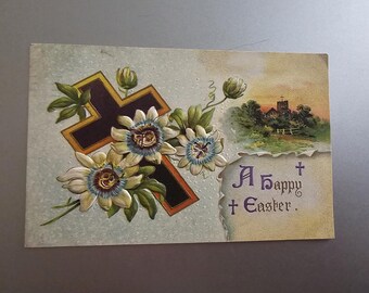 A Happy Easter Cross Flowers Antique Postcard Collectible Ephemera Flower