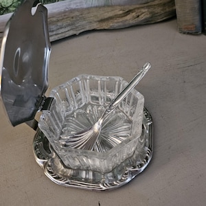 Stainless Steel & Glass Condiment Server with Hinged Lid and Spoon Vintage Kitchenware