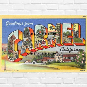 Download digital letras grandes saudações de CARMEL CALIFÓRNIA Cartão postal Cartão postal digital Arte artesanato Scrapbooking Fornecimento Cartão Curt Teich dos anos 1940