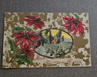 Embossed Best Christmas Wishes Postcard Poinsettia Winter Scene:  Ephemera Collectible