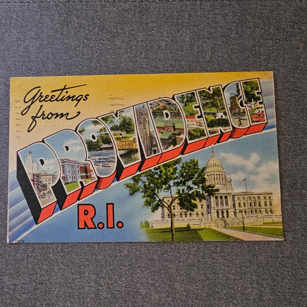 Berger Bros Greetings From Providence Rhode Island Linen Postcard with Large Letters 3 1/2 X 5 1/2 Collectible Ephemera State Postcard