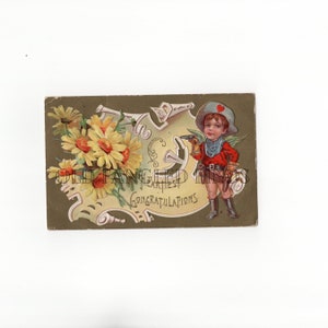 Carte postale antique de félicitations les plus chaleureuses en téléchargement numérique, petit cow-boy et fleurs / Art numérique de la carte postale