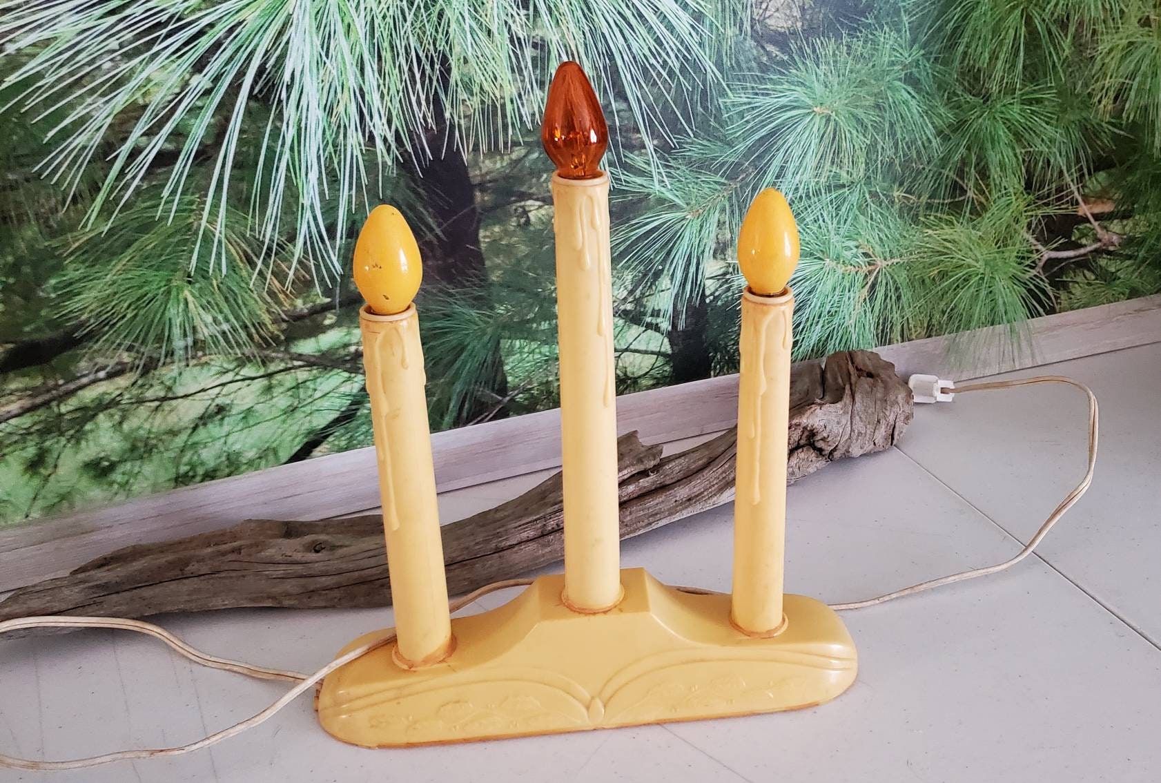 Vintage 3 Candle Electric Plastic Christmas Candelabra With Bulbs