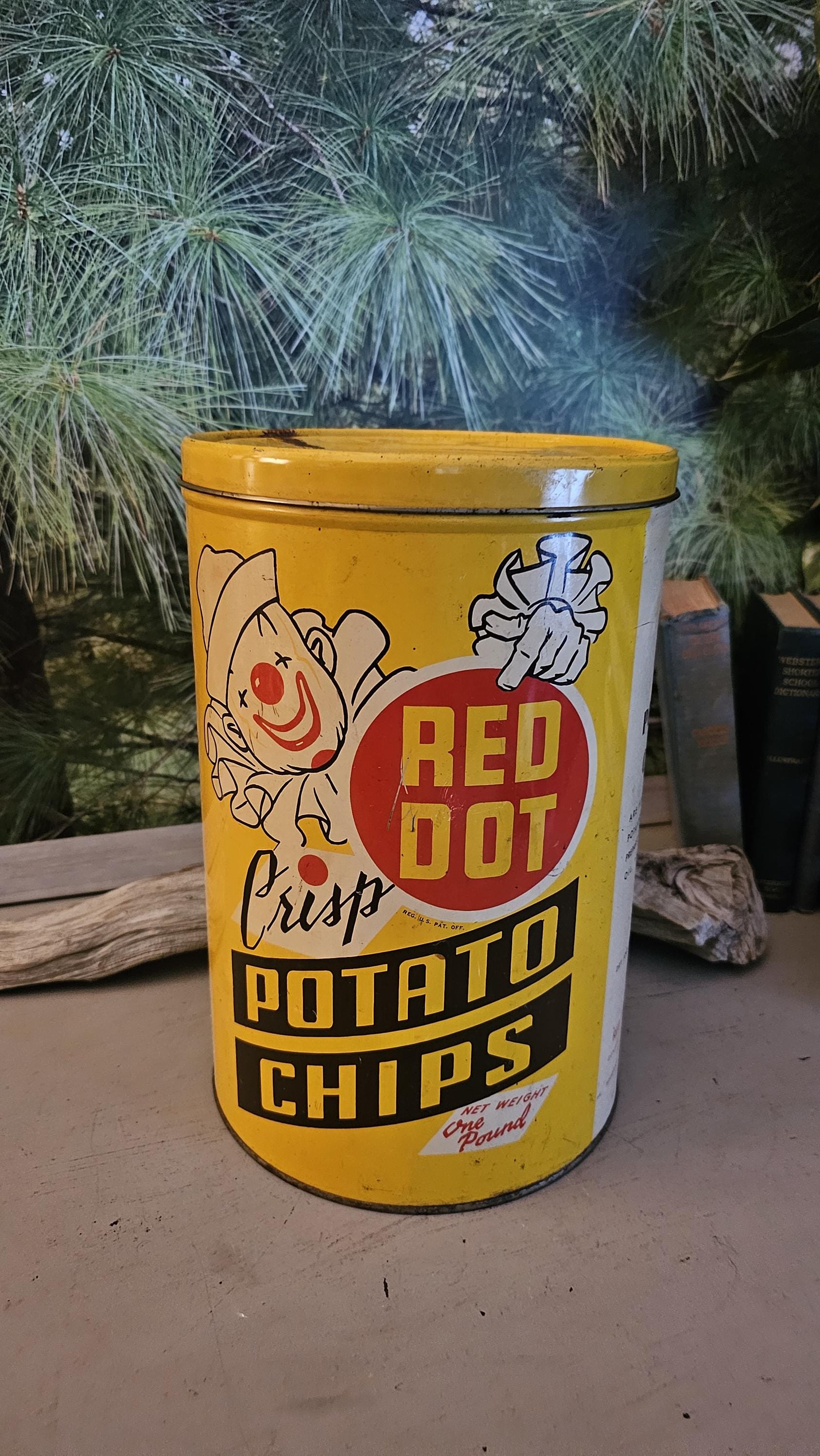1950s Red Dot Potato Chip Tin Yellow, Red, White Black: Vintage