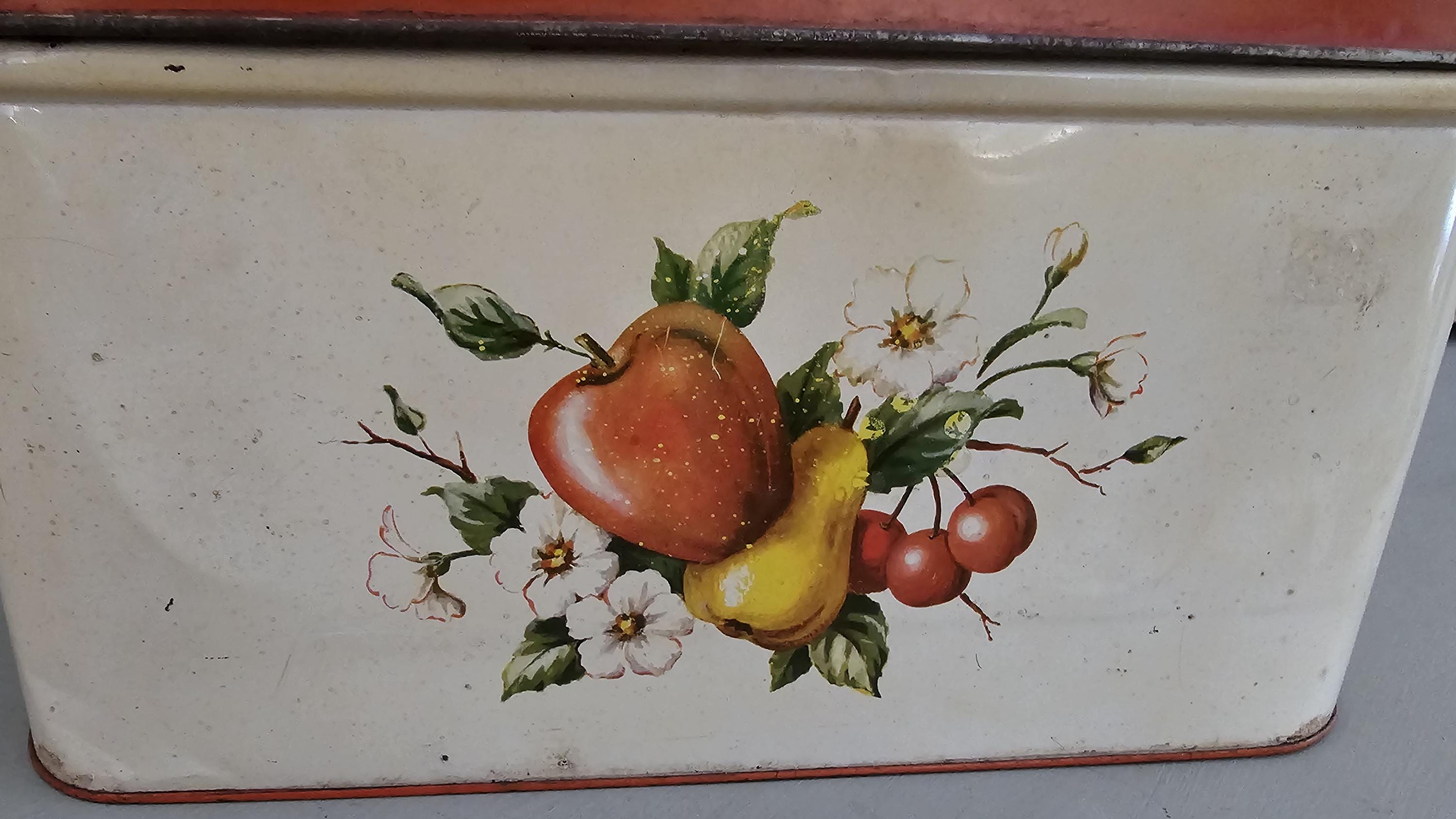 Vintage 1950s Decoware Bread Box: Red Lid, Fruit Motif, MCM