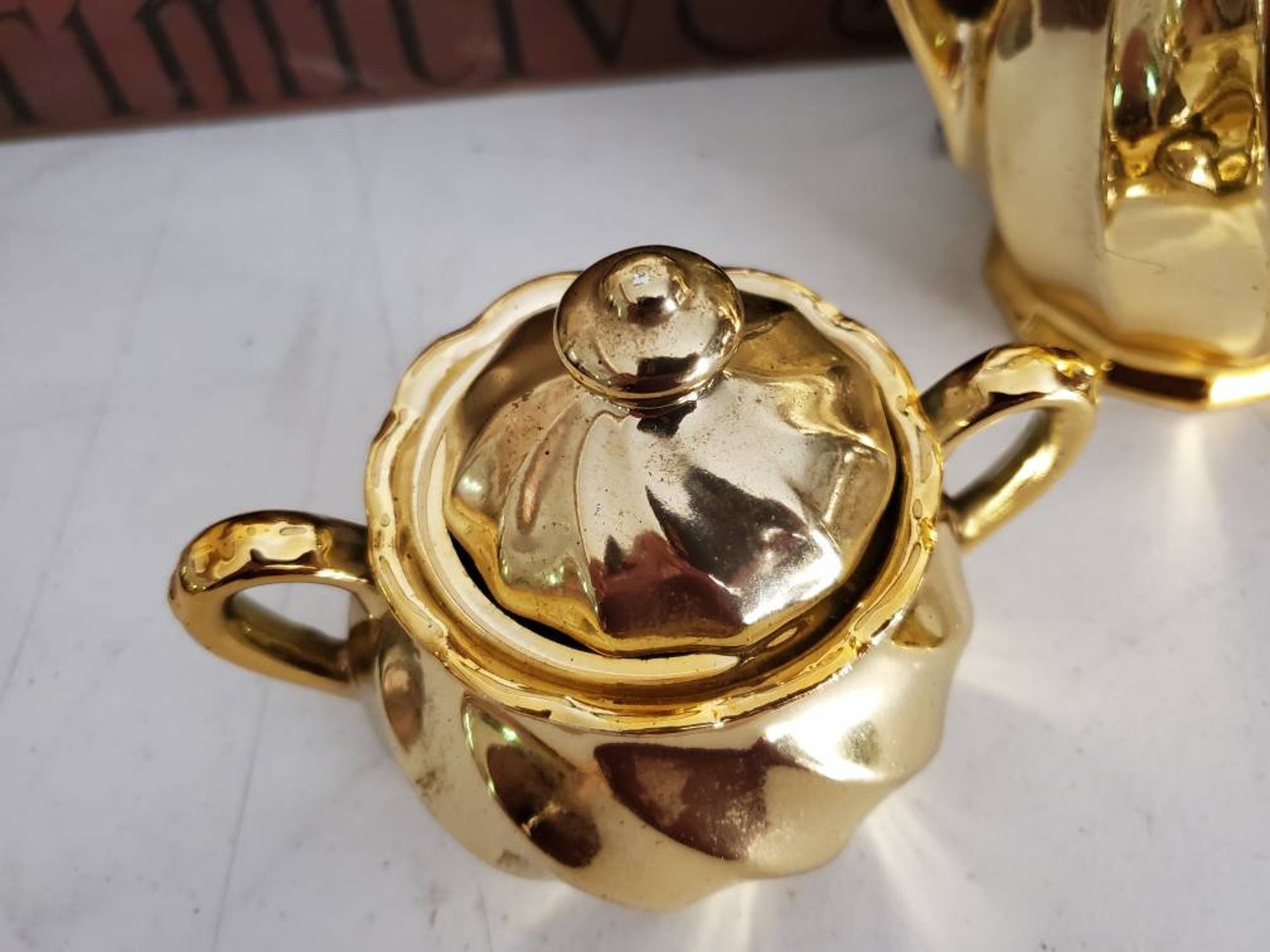 Japan Ceramic Teapot Set With Creamer & Sugar Bowl Gold Paint Etsy