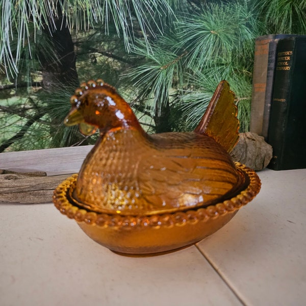 Orange A M B E R Glass Chicken Hen on Nest by Indiana Glass Vintage Farmhouse Decor  #3306