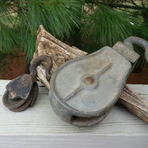 Set of 2 Metal Barn Pulleys with Hooks Rustic Farmhouse Decor