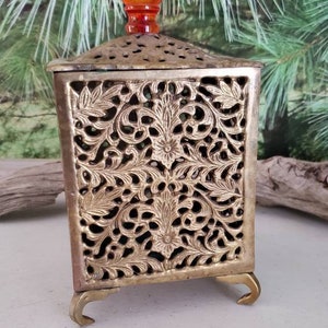 Footed Brass Filigree Tea Light or Incense Burner Candle Holder with Lid Decorative Brass Home Decor  #2973