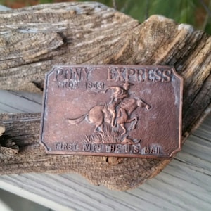 Pony Express Belt Buckle, First With The Mail, 1970s Brass Belt Buckle