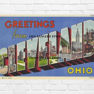 Digital Download Big Letters Greetings From CLEVELAND OHIO Curt Teich Linen Postcard / Digital Postcard Art Deco Craft Supply