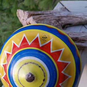Vintage Ohio Art Metal Spinning Top With Circus Train Graphics Mid