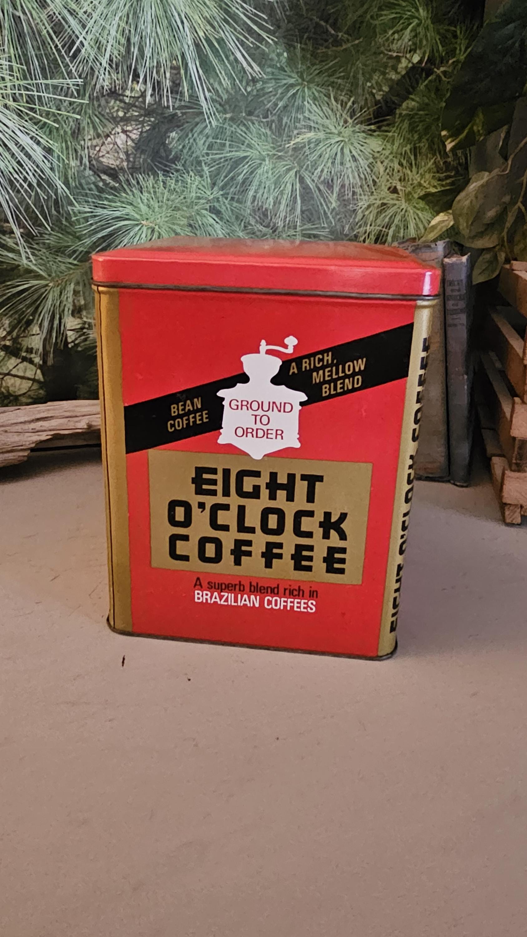 Vintage Eight O'clock Coffee Tin Canister: Red, Black & Gold
