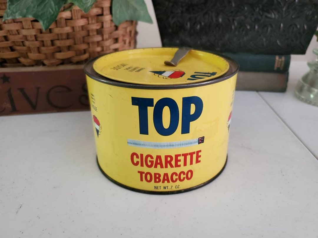 top tobacco tin TOP Cigarette Tobacco Tin Red, Yellow, Blue & White Vintage Collectible  Advertising Tobacco Tin #1786
